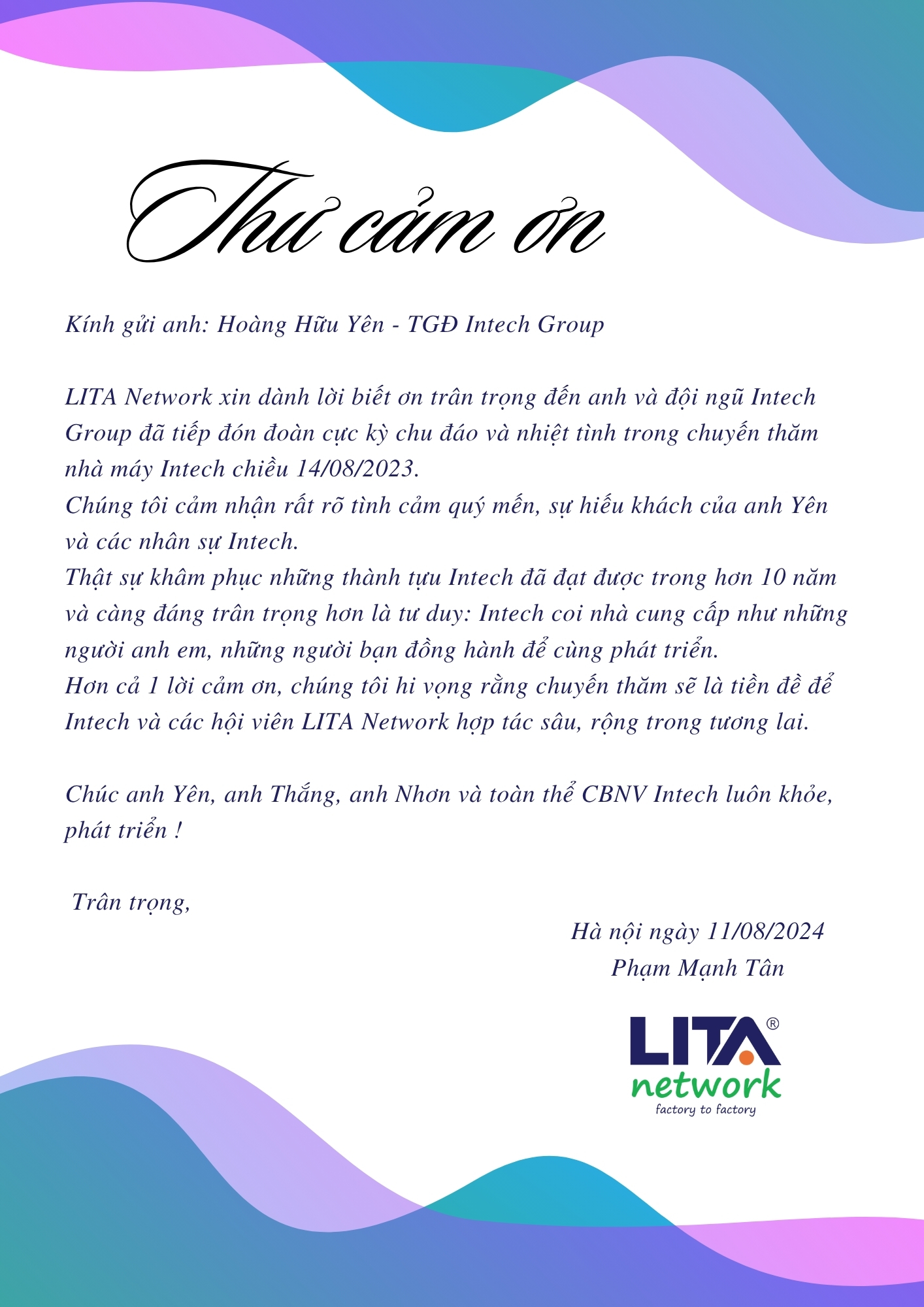 LITA Network trân trọng cảm ơn nhà máy Intech group